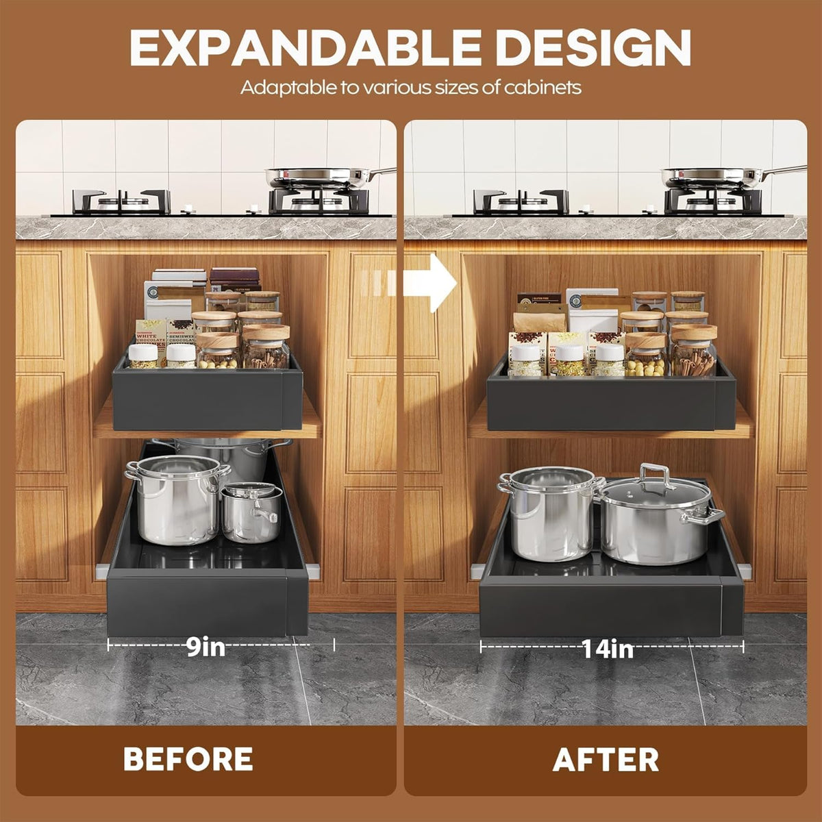 Pull Out Cabinet Organizer for Wide Cabinets,Expandable 15.1"-26.3" Width,21" Deep Slide Out Drawers With Raising Pad for Framed Cabinets,3 Slide Rails,No Drill Roll Out Shelves,White