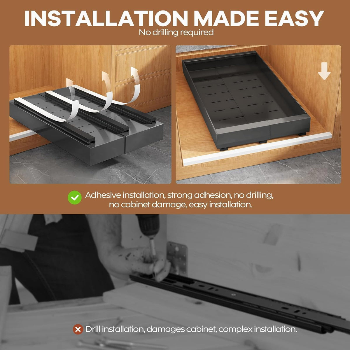 Pull Out Cabinet Organizer for Wide Cabinets,Expandable 15.1"-26.3" Width,21" Deep Slide Out Drawers With Raising Pad for Framed Cabinets,3 Slide Rails,No Drill Roll Out Shelves,White