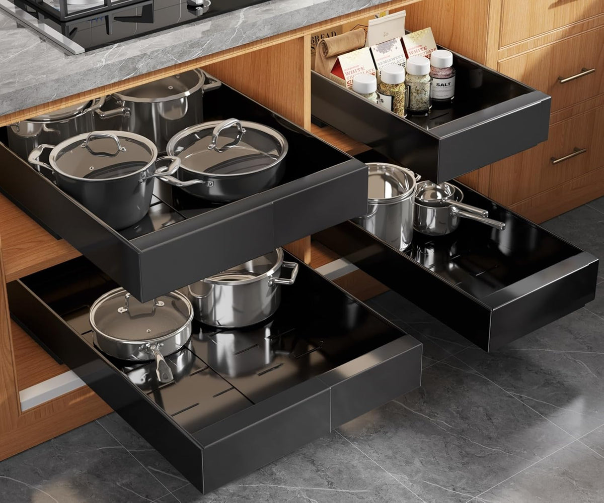 Pull Out Cabinet Organizer for Wide Cabinets,Expandable 15.1"-26.3" Width,21" Deep Slide Out Drawers With Raising Pad for Framed Cabinets,3 Slide Rails,No Drill Roll Out Shelves,White