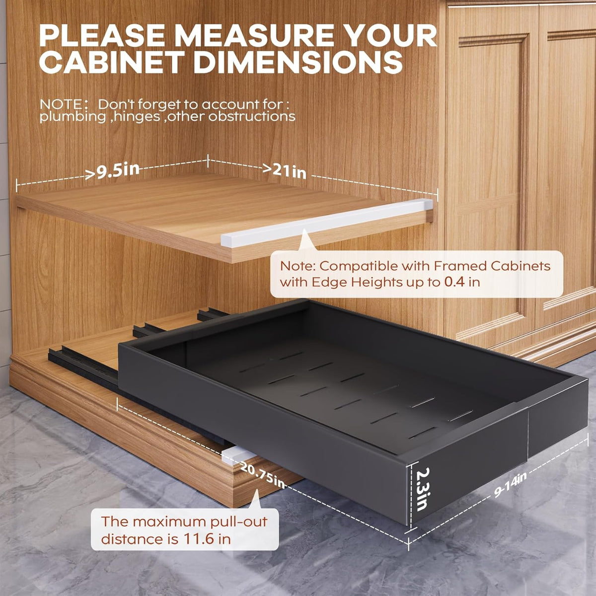Pull Out Cabinet Organizer for Wide Cabinets,Expandable 15.1"-26.3" Width,21" Deep Slide Out Drawers With Raising Pad for Framed Cabinets,3 Slide Rails,No Drill Roll Out Shelves,White