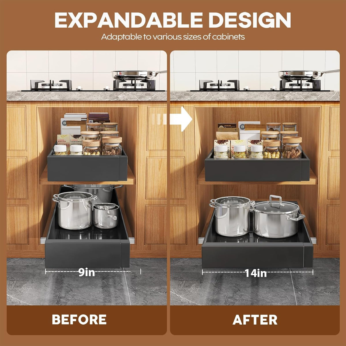 Pull Out Cabinet Organizer for Wide Cabinets,Expandable 15.1"-26.3" Width,21" Deep Slide Out Drawers With Raising Pad for Framed Cabinets,3 Slide Rails,No Drill Roll Out Shelves,White