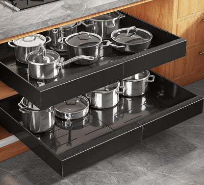 Pull Out Cabinet Organizer for Wide Cabinets,Expandable 15.1"-26.3" Width,21" Deep Slide Out Drawers With Raising Pad for Framed Cabinets,3 Slide Rails,No Drill Roll Out Shelves,White
