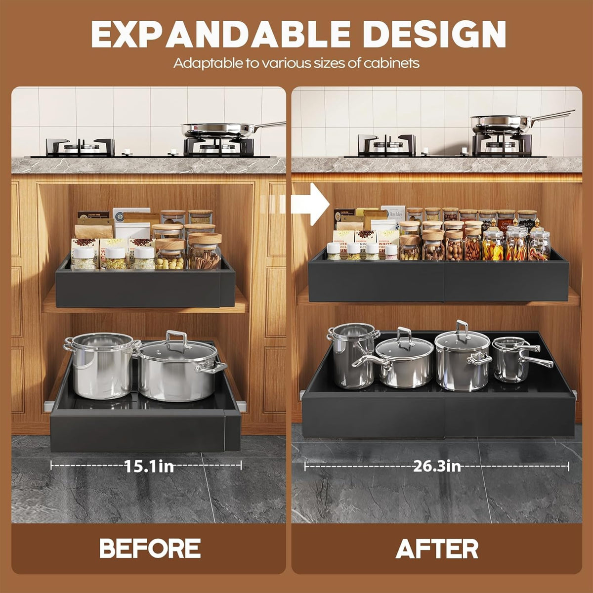 Pull Out Cabinet Organizer for Wide Cabinets,Expandable 15.1"-26.3" Width,21" Deep Slide Out Drawers With Raising Pad for Framed Cabinets,3 Slide Rails,No Drill Roll Out Shelves,White