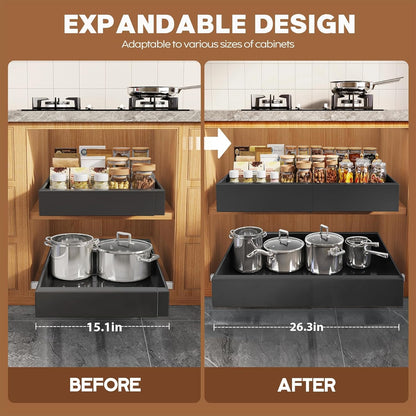 Pull Out Cabinet Organizer for Wide Cabinets,Expandable 15.1"-26.3" Width,21" Deep Slide Out Drawers With Raising Pad for Framed Cabinets,3 Slide Rails,No Drill Roll Out Shelves,White