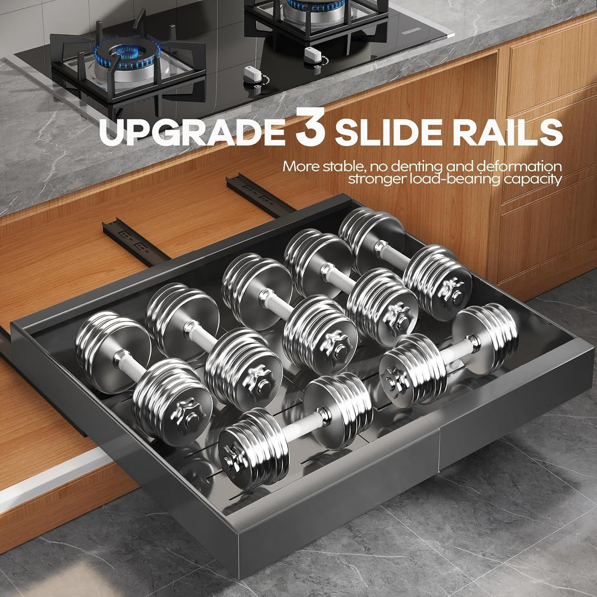 Pull Out Cabinet Organizer for Wide Cabinets,Expandable 15.1"-26.3" Width,21" Deep Slide Out Drawers With Raising Pad for Framed Cabinets,3 Slide Rails,No Drill Roll Out Shelves,White