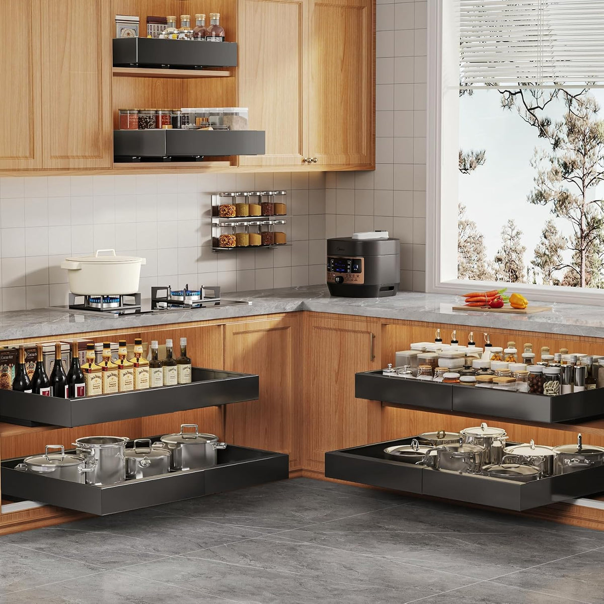 Pull Out Cabinet Organizer for Wide Cabinets,Expandable 15.1"-26.3" Width,21" Deep Slide Out Drawers With Raising Pad for Framed Cabinets,3 Slide Rails,No Drill Roll Out Shelves,White