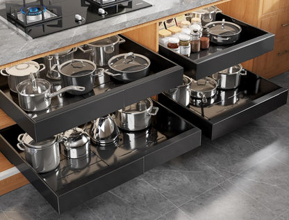 Pull Out Cabinet Organizer for Wide Cabinets,Expandable 15.1"-26.3" Width,21" Deep Slide Out Drawers With Raising Pad for Framed Cabinets,3 Slide Rails,No Drill Roll Out Shelves,White