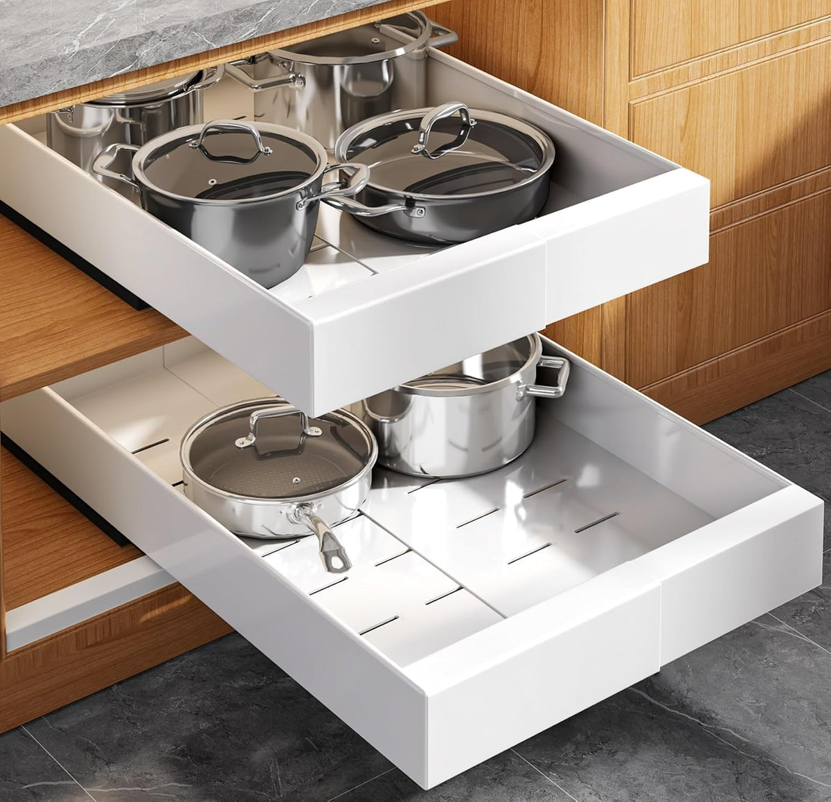 Pull Out Cabinet Organizer for Wide Cabinets,Expandable 15.1"-26.3" Width,21" Deep Slide Out Drawers With Raising Pad for Framed Cabinets,3 Slide Rails,No Drill Roll Out Shelves,White