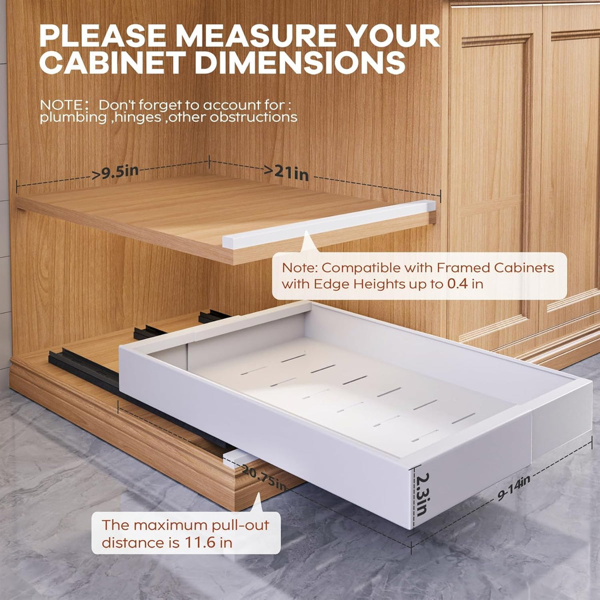 Pull Out Cabinet Organizer for Wide Cabinets,Expandable 15.1"-26.3" Width,21" Deep Slide Out Drawers With Raising Pad for Framed Cabinets,3 Slide Rails,No Drill Roll Out Shelves,White