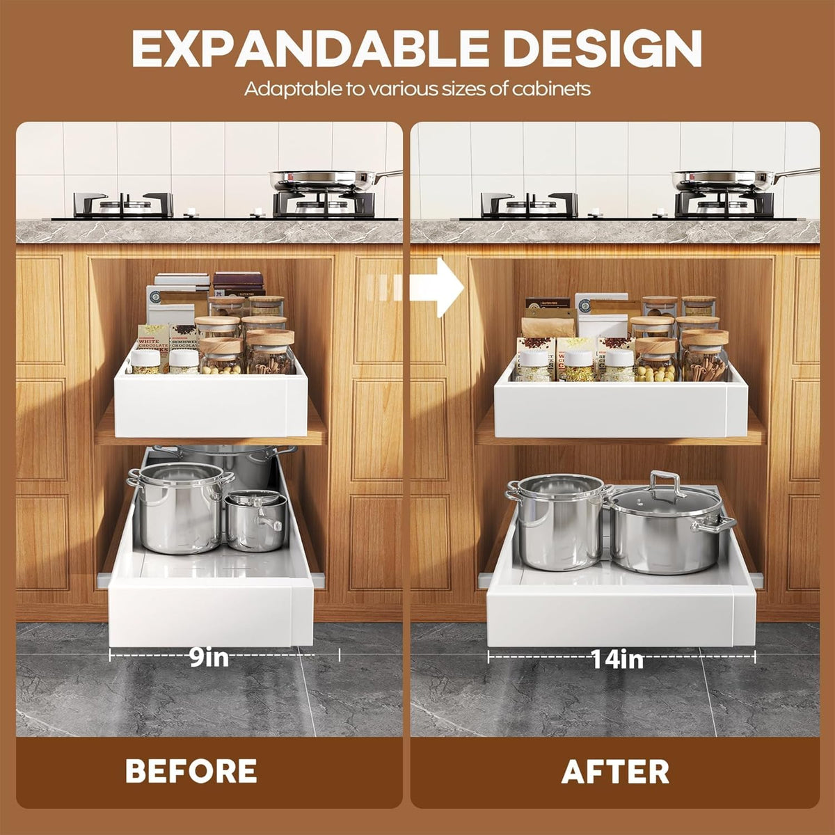 Pull Out Cabinet Organizer for Wide Cabinets,Expandable 15.1"-26.3" Width,21" Deep Slide Out Drawers With Raising Pad for Framed Cabinets,3 Slide Rails,No Drill Roll Out Shelves,White