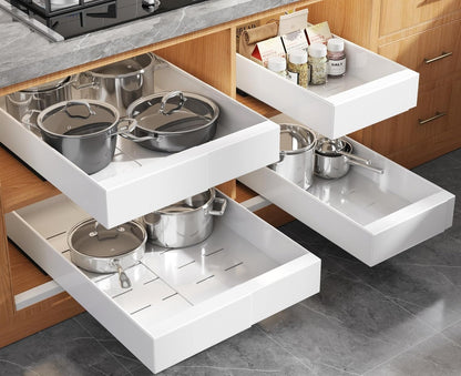 Pull Out Cabinet Organizer for Wide Cabinets,Expandable 15.1"-26.3" Width,21" Deep Slide Out Drawers With Raising Pad for Framed Cabinets,3 Slide Rails,No Drill Roll Out Shelves,White