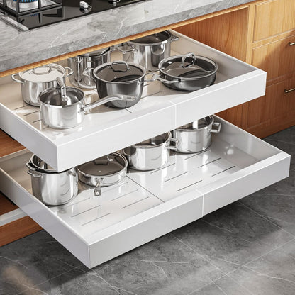 Pull Out Cabinet Organizer for Wide Cabinets,Expandable 15.1"-26.3" Width,21" Deep Slide Out Drawers With Raising Pad for Framed Cabinets,3 Slide Rails,No Drill Roll Out Shelves,White