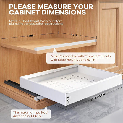 Pull Out Cabinet Organizer for Wide Cabinets,Expandable 15.1"-26.3" Width,21" Deep Slide Out Drawers With Raising Pad for Framed Cabinets,3 Slide Rails,No Drill Roll Out Shelves,White