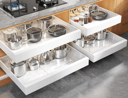 Pull Out Cabinet Organizer for Wide Cabinets,Expandable 15.1"-26.3" Width,21" Deep Slide Out Drawers With Raising Pad for Framed Cabinets,3 Slide Rails,No Drill Roll Out Shelves,White