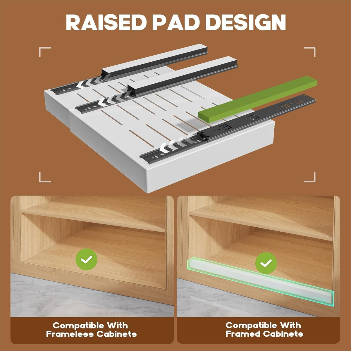 Pull Out Cabinet Organizer for Wide Cabinets,Expandable 15.1"-26.3" Width,21" Deep Slide Out Drawers With Raising Pad for Framed Cabinets,3 Slide Rails,No Drill Roll Out Shelves,White
