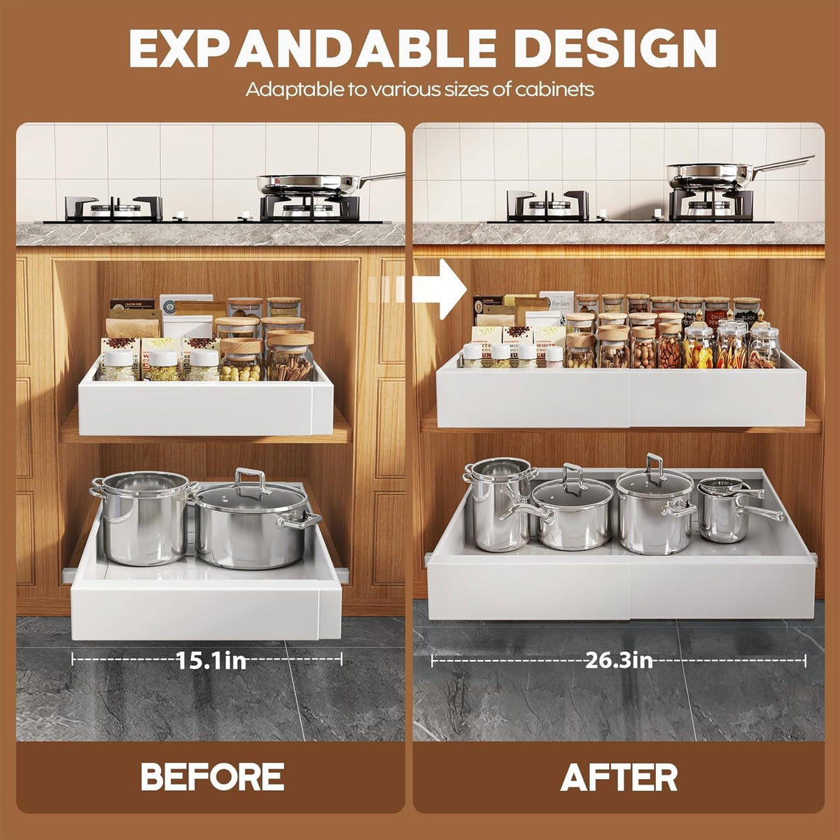 Pull Out Cabinet Organizer for Wide Cabinets,Expandable 15.1"-26.3" Width,21" Deep Slide Out Drawers With Raising Pad for Framed Cabinets,3 Slide Rails,No Drill Roll Out Shelves,White