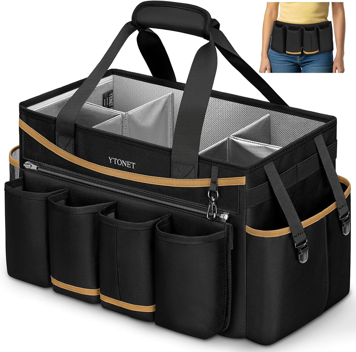Cleaning Caddy Bag with Detachable Apron, Extra Large Cleaning Supplies Organizer with Foldable Dividers, Portable Cleaner Tote with Handle, Cleaner Caddy for Housekeeper, Detailing Bag, Black