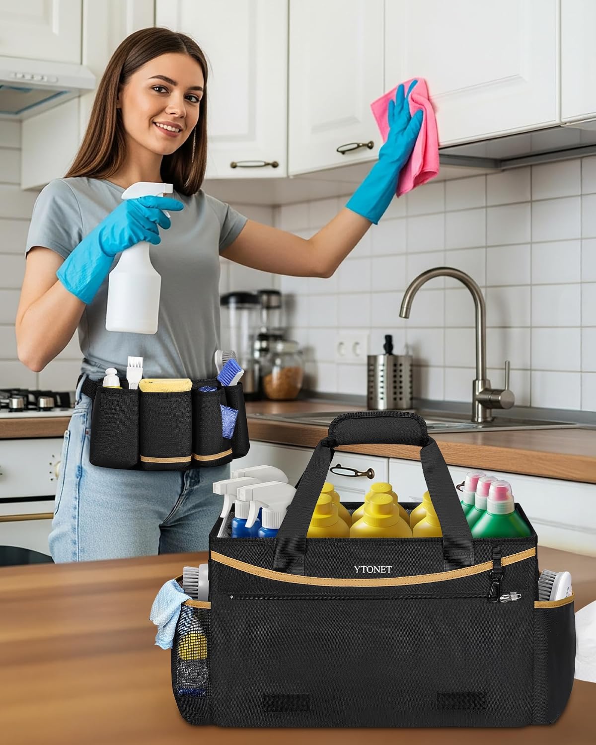Cleaning Caddy Bag with Detachable Apron, Extra Large Cleaning Supplies Organizer with Foldable Dividers, Portable Cleaner Tote with Handle, Cleaner Caddy for Housekeeper, Detailing Bag, Black