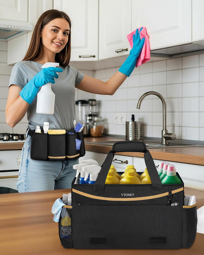 Cleaning Caddy Bag with Detachable Apron, Extra Large Cleaning Supplies Organizer with Foldable Dividers, Portable Cleaner Tote with Handle, Cleaner Caddy for Housekeeper, Detailing Bag, Black