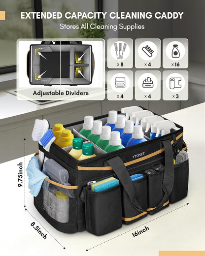 Cleaning Caddy Bag with Detachable Apron, Extra Large Cleaning Supplies Organizer with Foldable Dividers, Portable Cleaner Tote with Handle, Cleaner Caddy for Housekeeper, Detailing Bag, Black