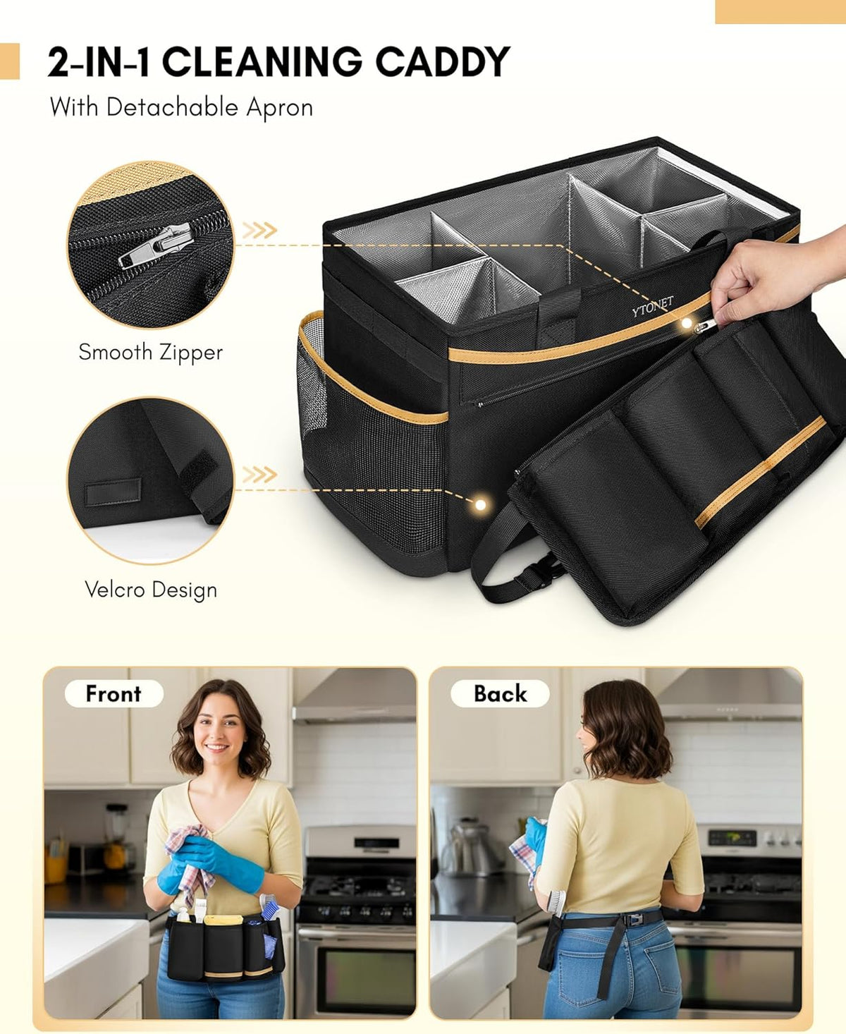 Cleaning Caddy Bag with Detachable Apron, Extra Large Cleaning Supplies Organizer with Foldable Dividers, Portable Cleaner Tote with Handle, Cleaner Caddy for Housekeeper, Detailing Bag, Black
