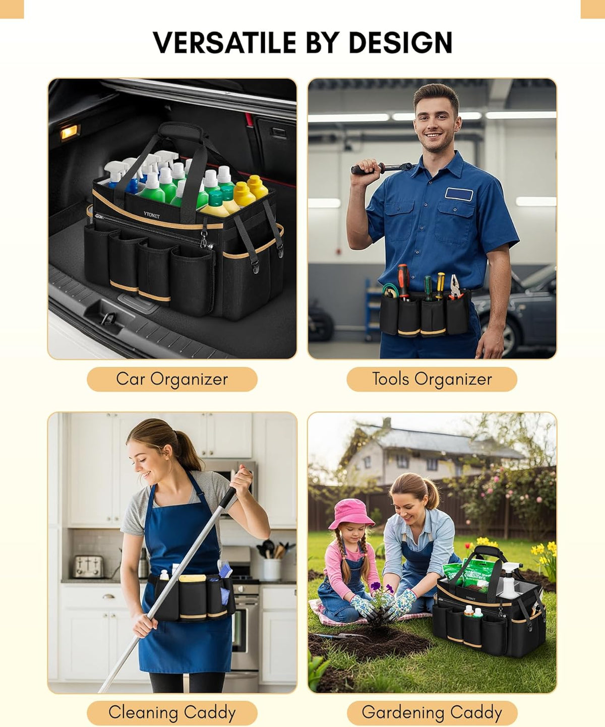Cleaning Caddy Bag with Detachable Apron, Extra Large Cleaning Supplies Organizer with Foldable Dividers, Portable Cleaner Tote with Handle, Cleaner Caddy for Housekeeper, Detailing Bag, Black