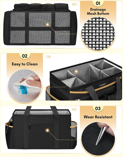 Cleaning Caddy Bag with Detachable Apron, Extra Large Cleaning Supplies Organizer with Foldable Dividers, Portable Cleaner Tote with Handle, Cleaner Caddy for Housekeeper, Detailing Bag, Black