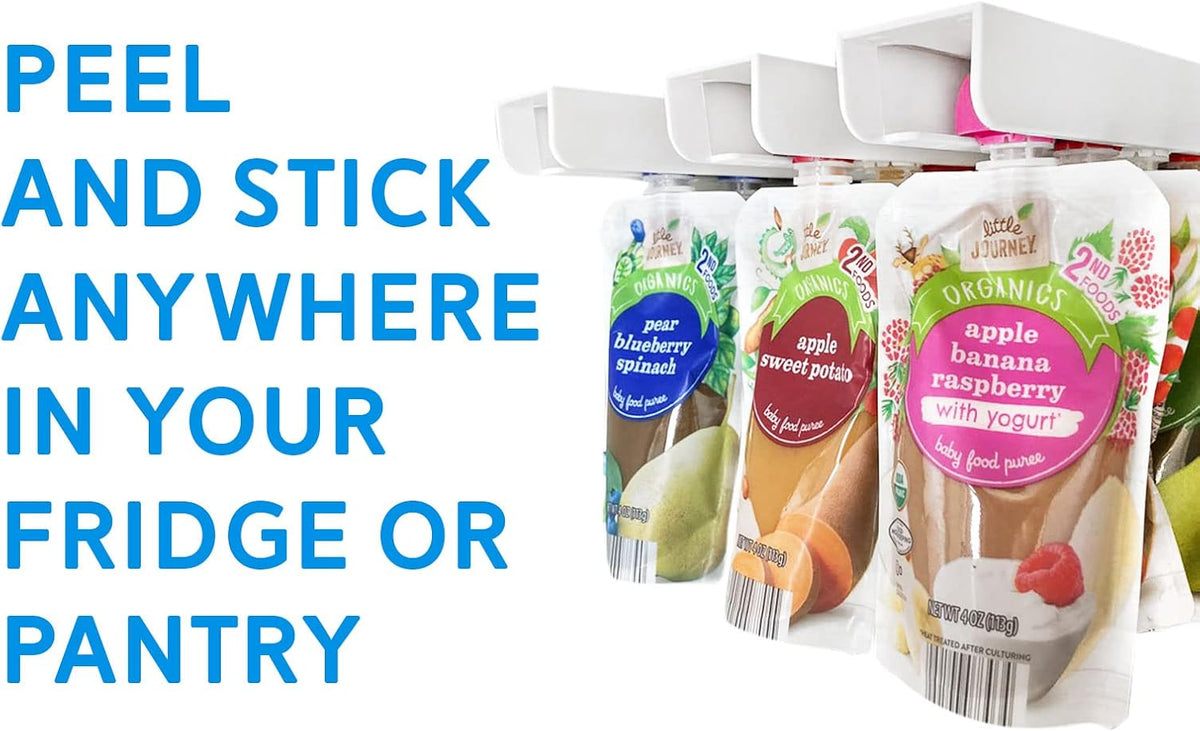 Squeeze Pouch Hanger - Baby Pouch Holder and Yogurt Organizer for Fridge - Simple Peel-and-Stick Installation - Hold Baby Food, Applesauce, and More - Kid Pouch Organizer Hanger