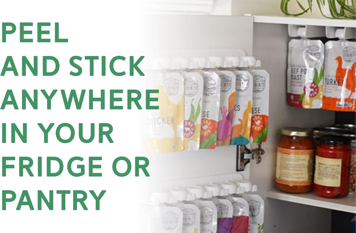 Squeeze Pouch Hanger - Baby Pouch Holder and Yogurt Organizer for Fridge - Simple Peel-and-Stick Installation - Hold Baby Food, Applesauce, and More - Kid Pouch Organizer Hanger