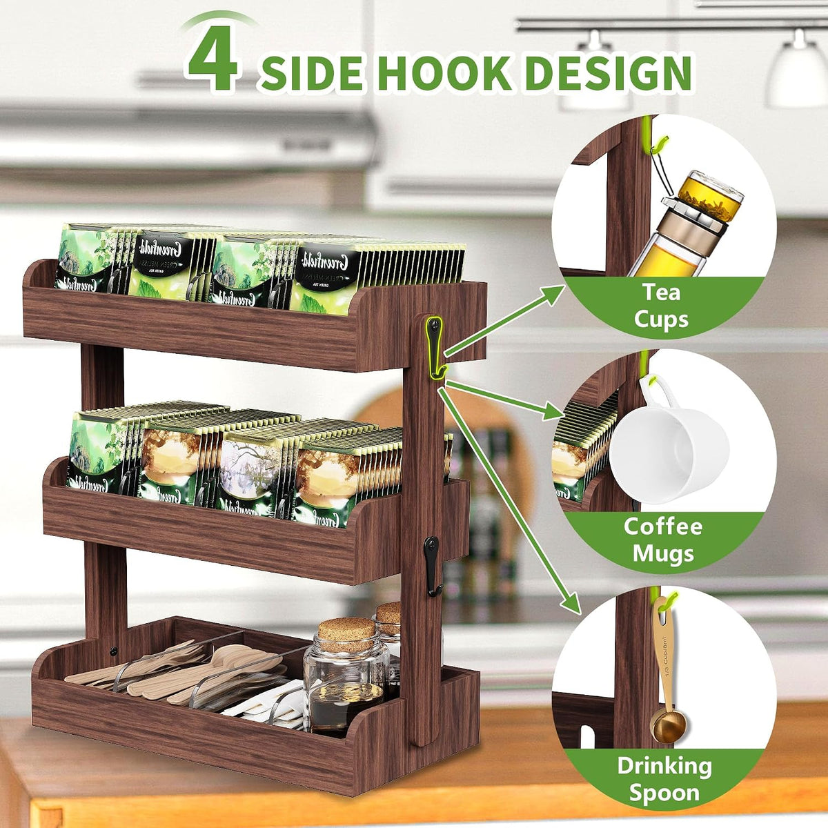 3 Tier Tea Bag Organizer Wall Mounted, Wooden Tea Box Organizer for Cabinet
