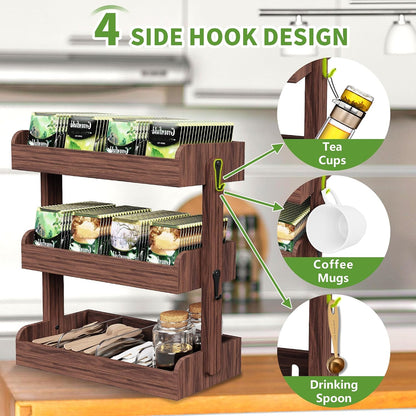 3 Tier Tea Bag Organizer Wall Mounted, Wooden Tea Box Organizer for Cabinet