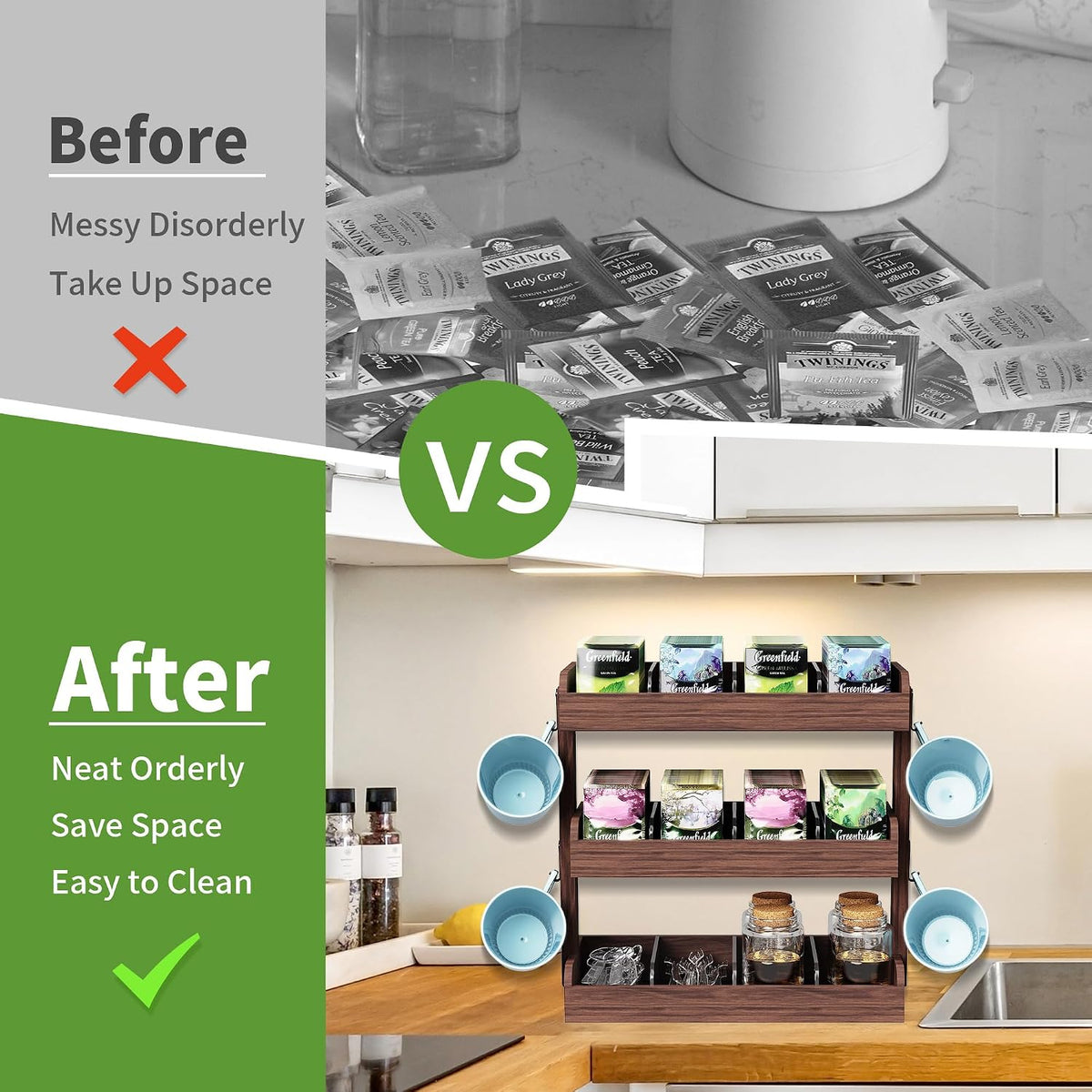 3 Tier Tea Bag Organizer Wall Mounted, Wooden Tea Box Organizer for Cabinet