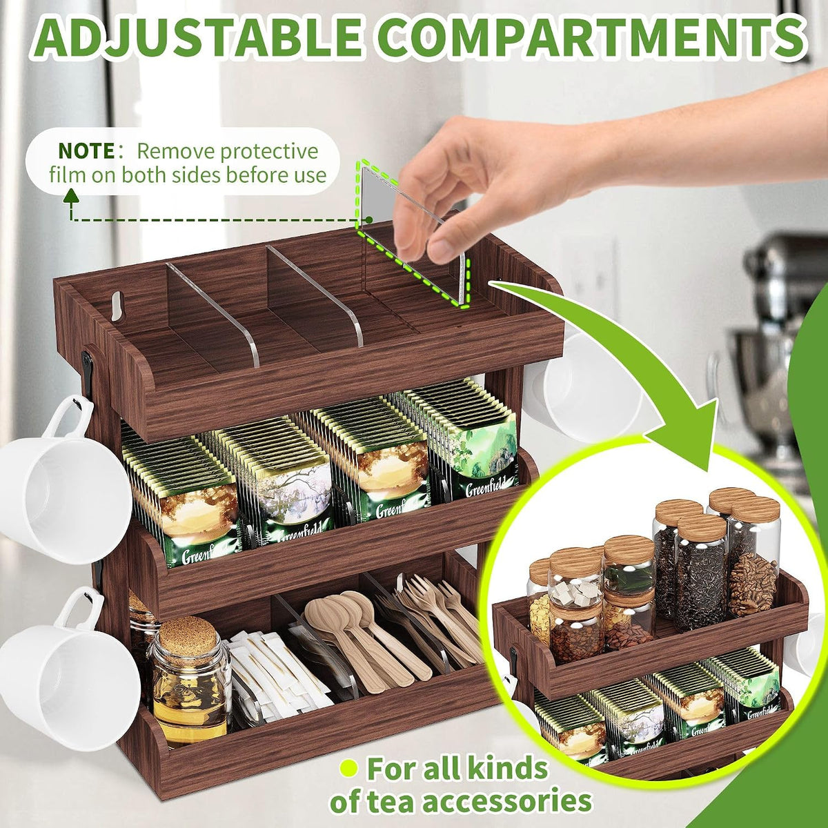 3 Tier Tea Bag Organizer Wall Mounted, Wooden Tea Box Organizer for Cabinet