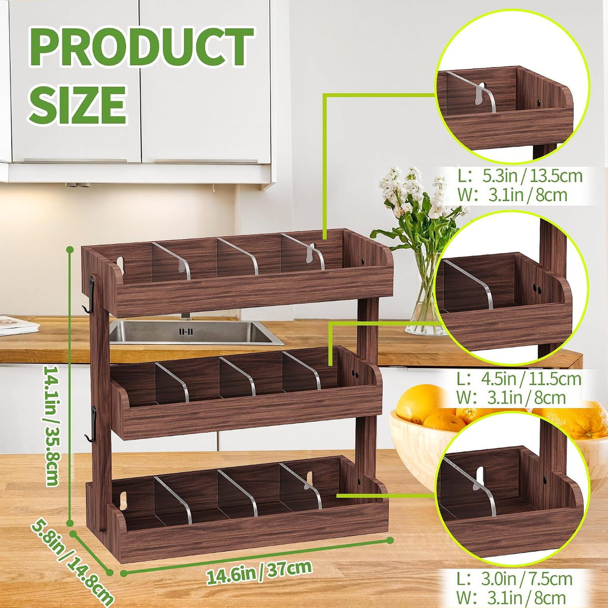 3 Tier Tea Bag Organizer Wall Mounted, Wooden Tea Box Organizer for Cabinet