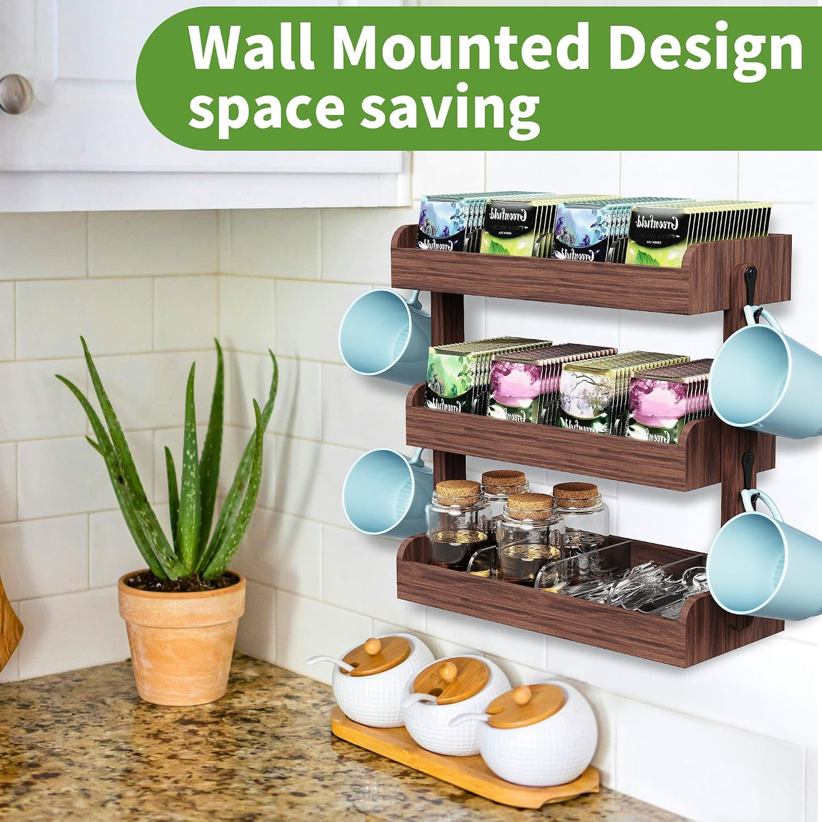 3 Tier Tea Bag Organizer Wall Mounted, Wooden Tea Box Organizer for Cabinet
