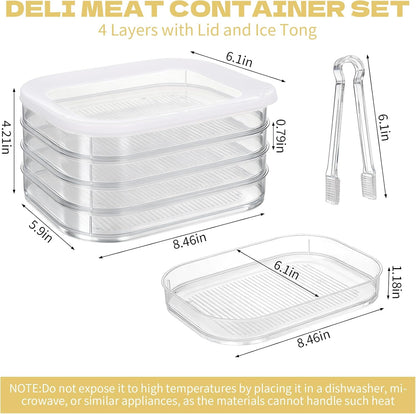 4 Pcs Deli Meat Container for Fridge Stackable Deli Containers with Lid and Tong Bacon Lunch Meat Keeper for Refrigerator Food Storage Boxes for Organizing Cold Cuts Salami and Cheese