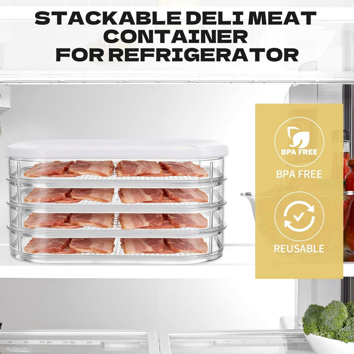 4 Pcs Deli Meat Container for Fridge Stackable Deli Containers with Lid and Tong Bacon Lunch Meat Keeper for Refrigerator Food Storage Boxes for Organizing Cold Cuts Salami and Cheese
