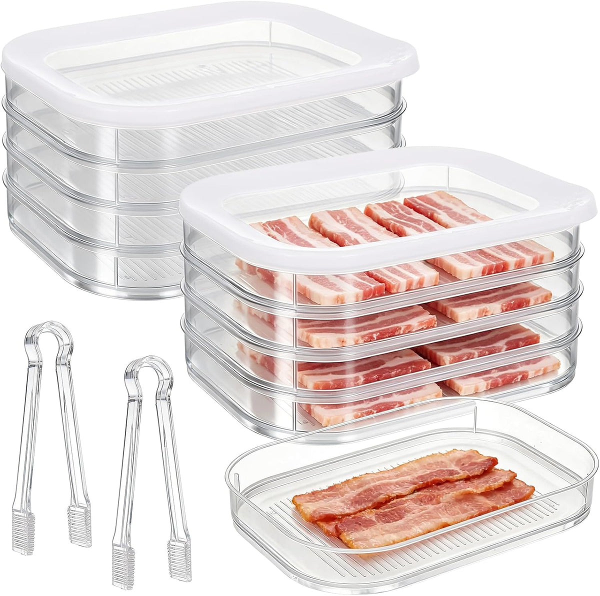 4 Pcs Deli Meat Container for Fridge Stackable Deli Containers with Lid and Tong Bacon Lunch Meat Keeper for Refrigerator Food Storage Boxes for Organizing Cold Cuts Salami and Cheese
