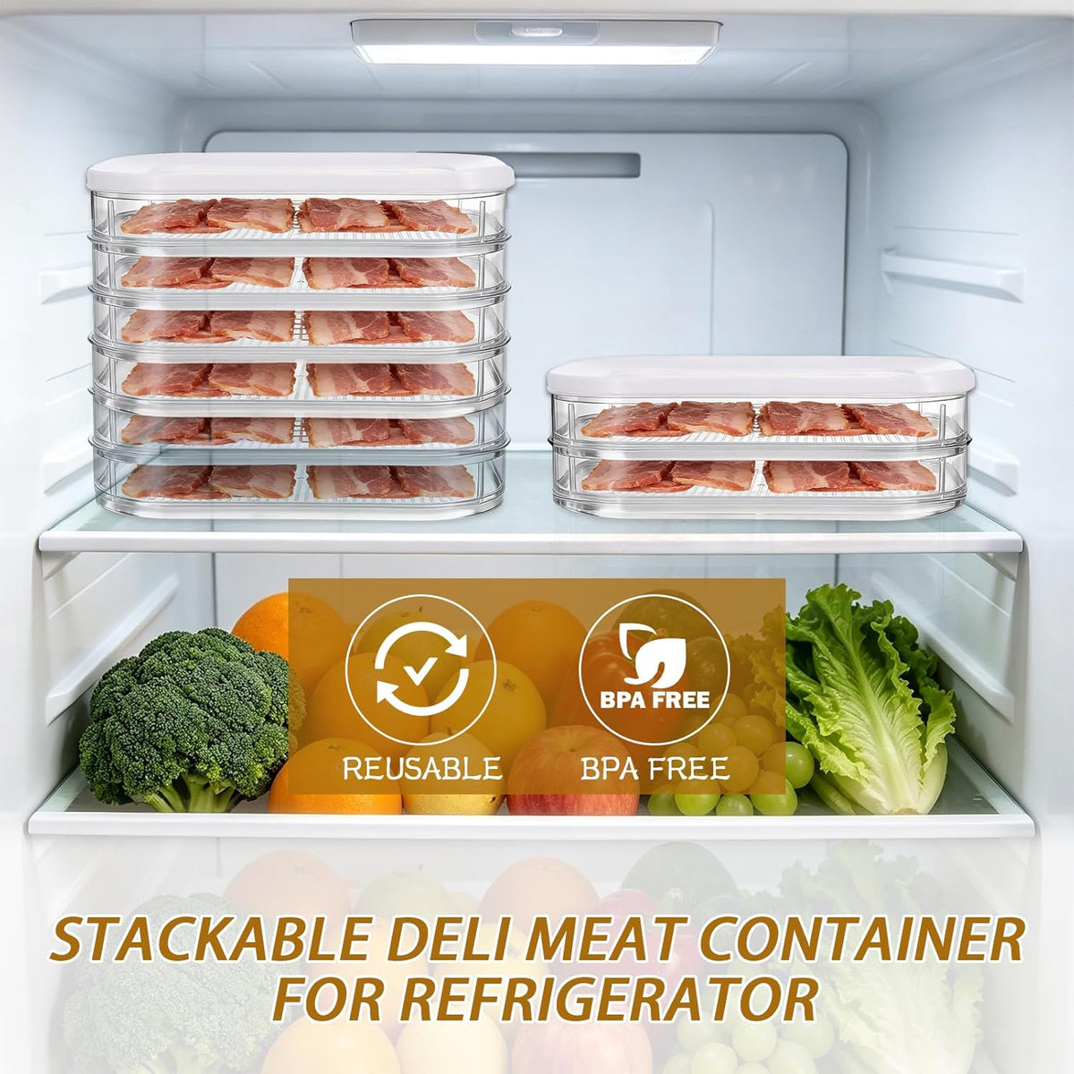 4 Pcs Deli Meat Container for Fridge Stackable Deli Containers with Lid and Tong Bacon Lunch Meat Keeper for Refrigerator Food Storage Boxes for Organizing Cold Cuts Salami and Cheese
