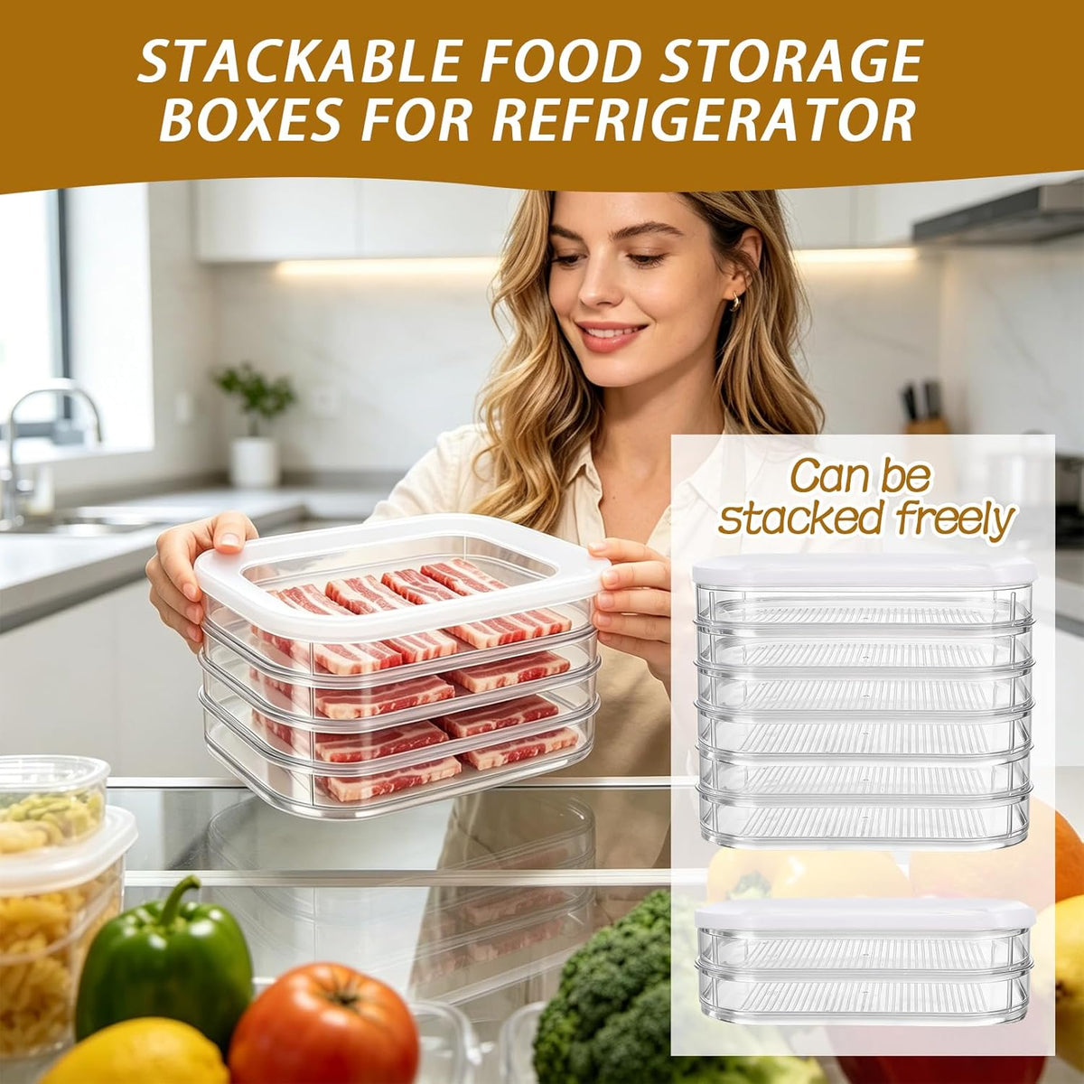4 Pcs Deli Meat Container for Fridge Stackable Deli Containers with Lid and Tong Bacon Lunch Meat Keeper for Refrigerator Food Storage Boxes for Organizing Cold Cuts Salami and Cheese
