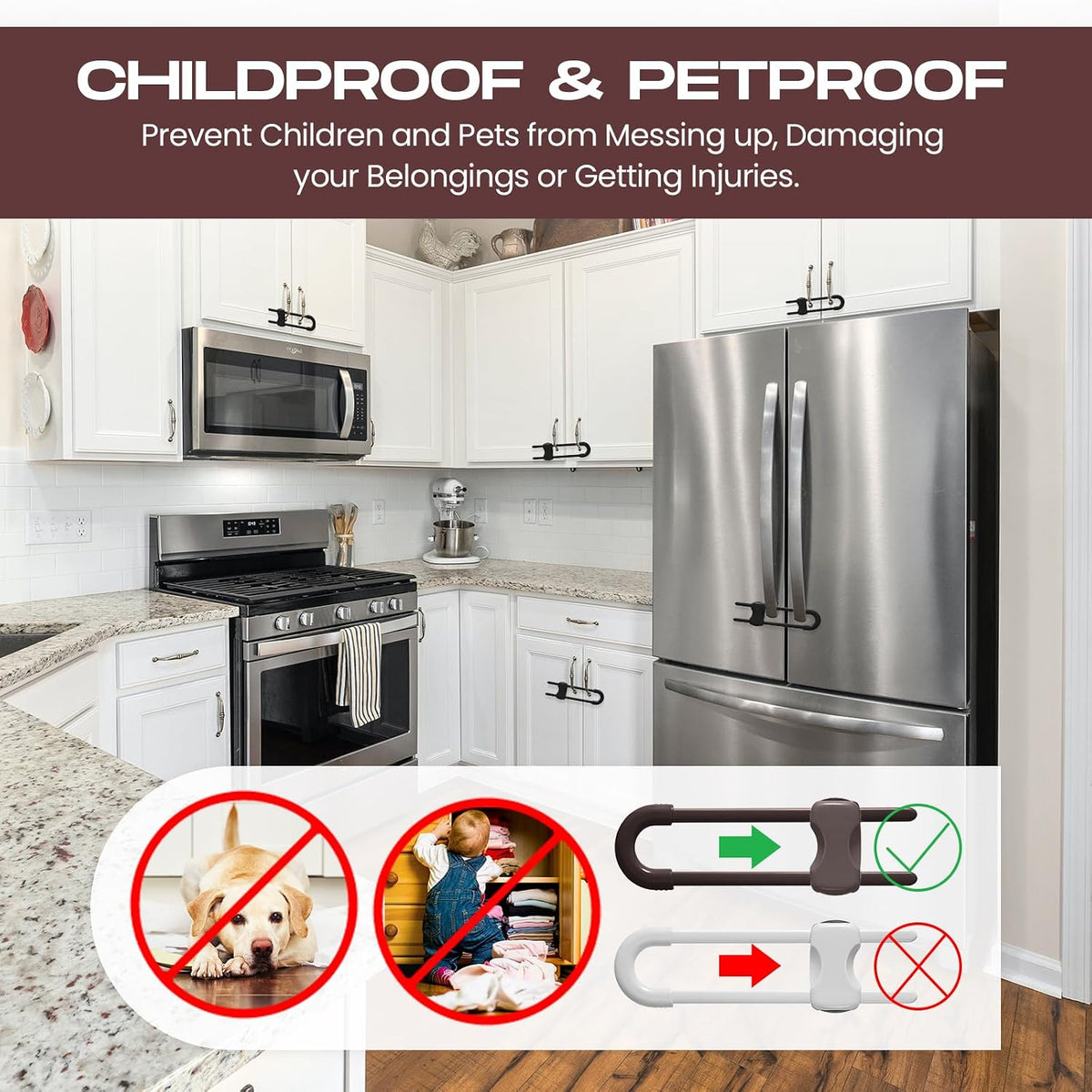 10 Pack Baby Proof Cabinet Locks Adjustable U Shaped,White
