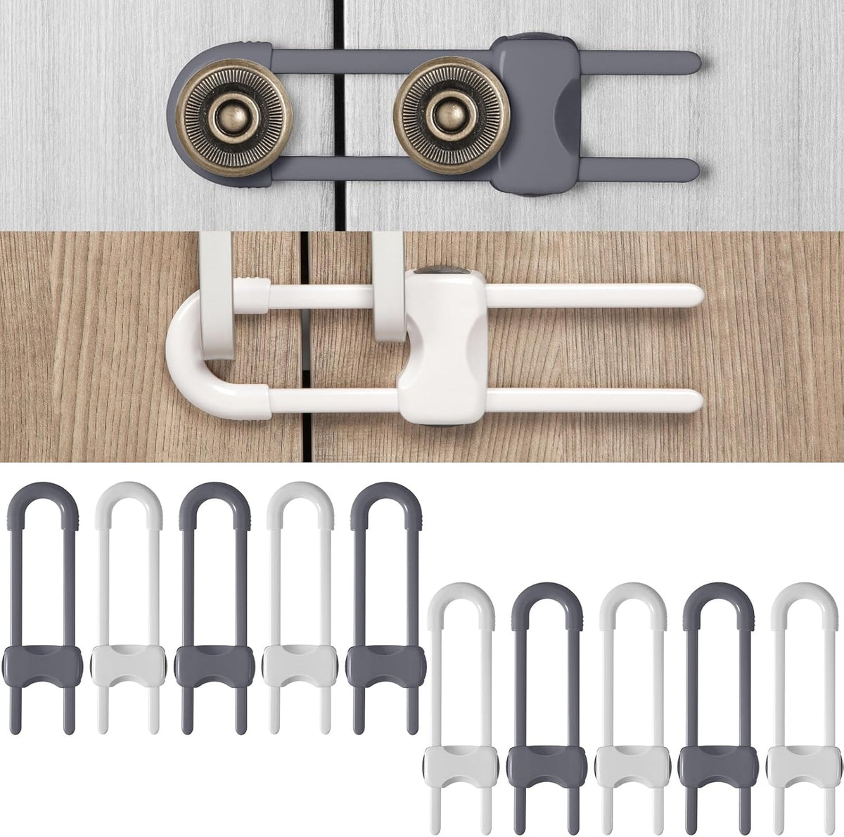 10 Pack Baby Proof Cabinet Locks Adjustable U Shaped,White