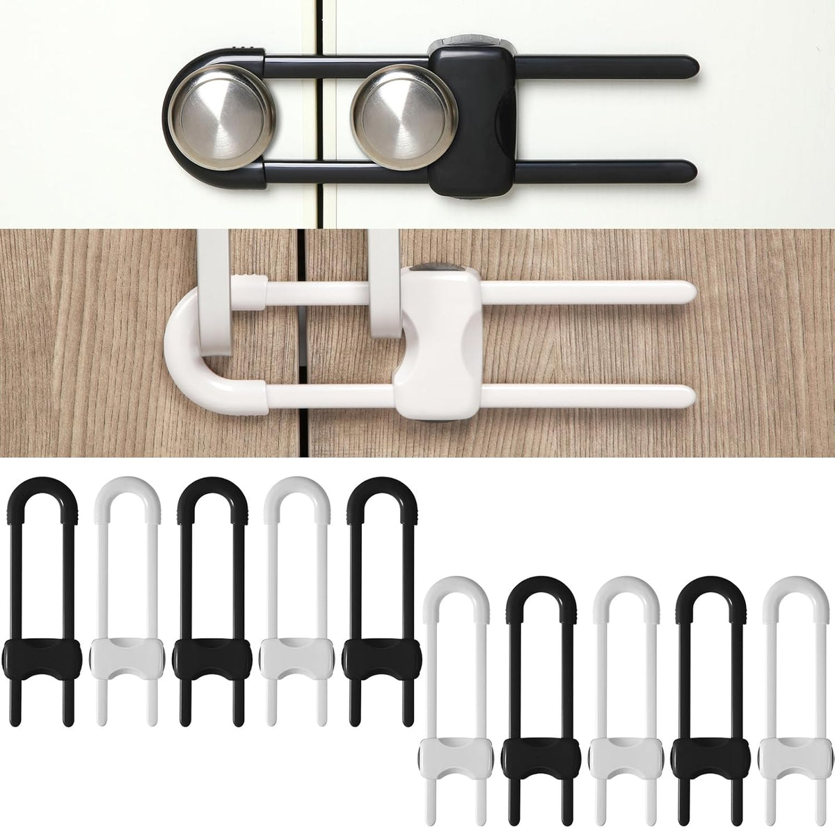 10 Pack Baby Proof Cabinet Locks Adjustable U Shaped,White