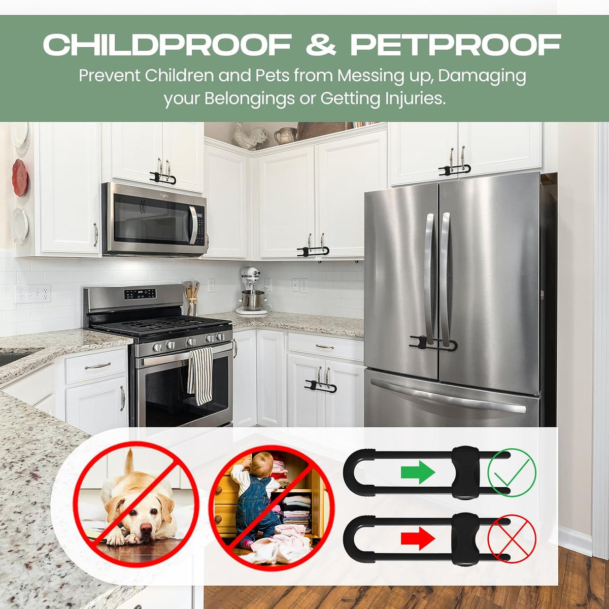 10 Pack Baby Proof Cabinet Locks Adjustable U Shaped,White