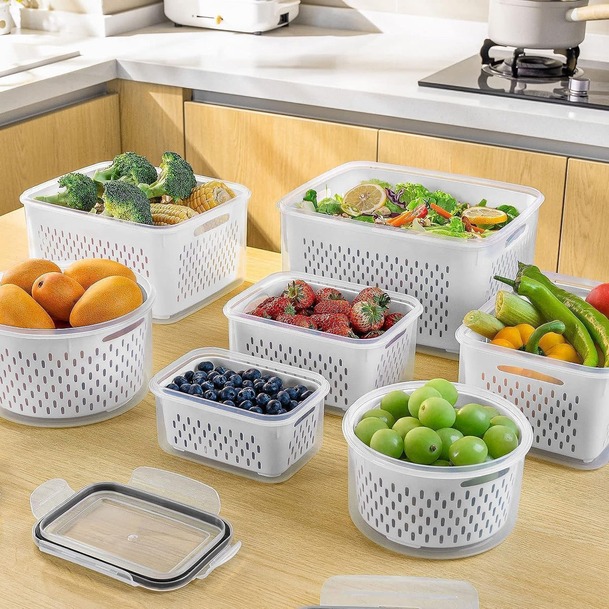 8 PCS Fruit Storage Containers for Fridge, Leakproof Produce Containers | For Fridge with Removable Colander, Microwave/Dishwasher Safe Fruit Washing Bowl Keep Fruits, Vegetables, Berry Fresh longer