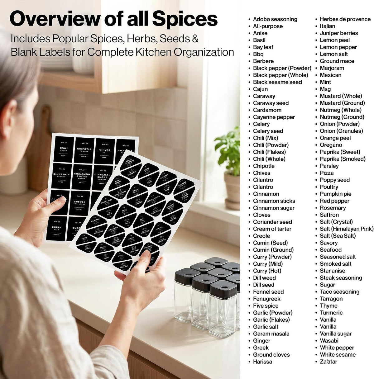 Square Glass Spice Jars with Label and Black Rotating Lids (24 x 4oz) Spice Containers with 240 Labels, Shaker Inserts, Silicone Funnel, Empty Square Empty Square Seasoning Organizer
