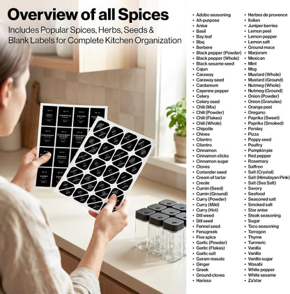 Square Glass Spice Jars with Label and Black Rotating Lids (24 x 4oz) Spice Containers with 240 Labels, Shaker Inserts, Silicone Funnel, Empty Square Empty Square Seasoning Organizer