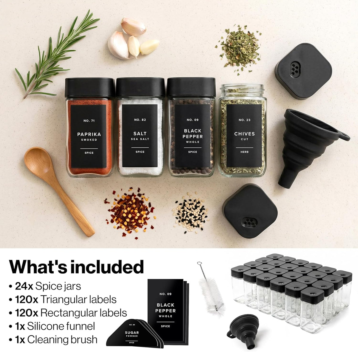 Square Glass Spice Jars with Label and Black Rotating Lids (24 x 4oz) Spice Containers with 240 Labels, Shaker Inserts, Silicone Funnel, Empty Square Empty Square Seasoning Organizer