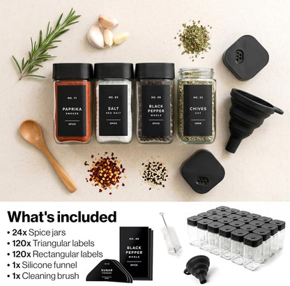 Square Glass Spice Jars with Label and Black Rotating Lids (24 x 4oz) Spice Containers with 240 Labels, Shaker Inserts, Silicone Funnel, Empty Square Empty Square Seasoning Organizer