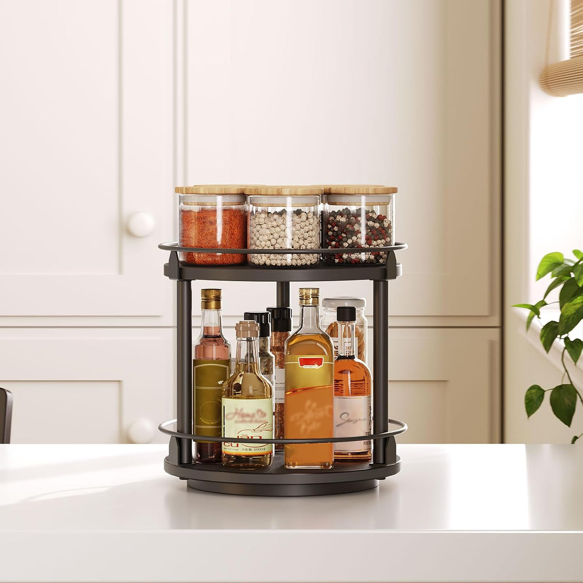 3-Tier Lazy Susan Organizer, Rotating Spice Rack, Spinning Organizer, Industrial Turntable Spice Rack Organizer for Cabinet, Kitchen Countertop, Pantry, Rustic Brown and Black SR23BR